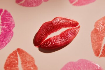 Poster - Close-up of vibrant lipstick imprints on a neutral surface, showcasing multiple shades of red, pink, and coral colors, symbolizing beauty and expression.