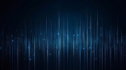 Poster - 暗い青色の背景に垂直の明るい青色の線と小さな輝き粒子を持つ抽象的な未来的なデザインの背景