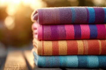 Poster - a neatly stacked pile of soft, colorful striped towels on a wooden surface, bathed in warm sunlight,