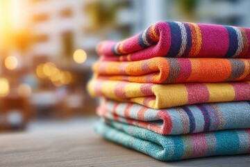 Poster - a stack of colorful striped hand towels neatly folded on a wooden surface, with a blurred background