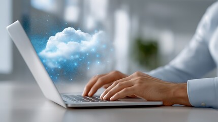 Aufkleber - Person typing on laptop with floating digital cloud symbolizing cloud computing, storage, and online connectivity, Generative AI