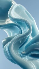 Poster - Glossy translucent blue form spiraling dynamically, curving through light blue space with fluid, ethereal movement