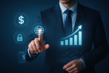 Poster - Man is touching a virtual screen with financial graph showing growth, global network, and security icons, representing digital business and investment future technology.