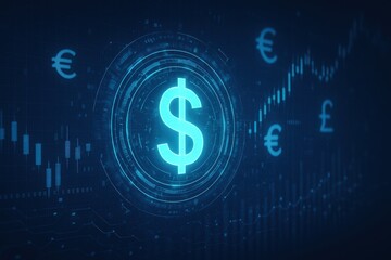 Poster - Large glowing dollar symbol sits centrally among fluctuating stock market charts. Concept visualizing financial data in a digital network space. Global currency exchange and investment theme.