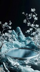 Aufkleber - 穏やかな青い水面が光る山の風景と白い花が咲く木の枝が背景に静寂な雰囲気を作り出す
