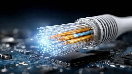 Aufkleber - Closeup of Futuristic Fiber Optic Cable with Blue Glow Connected to High-Tech Circuit Board, Generative AI