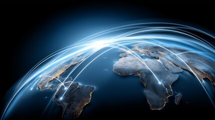 Poster - Futuristic world map with glowing data lines representing global communication and data exchange across continents, Generative AI