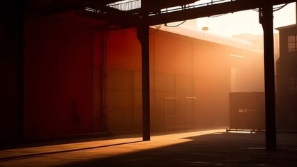 Poster - オレンジ色の光が差し込む産業都市倉庫の夕暮れ時の眺め 日光が建物構造物を照らし出す 輸送インフラと太陽光が都市景観を彩る
