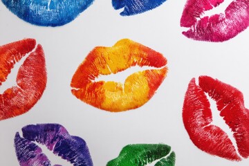 Poster - Colorful kiss imprints create a vibrant and playful pattern on a pristine white background, showcasing a variety of lipstick shades and textures for a fun and expressive effect.