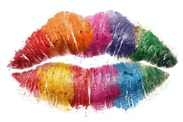 Poster - Vibrant rainbow lipstick imprint on white, showcasing colorful beauty and charm, makeup artistry, with shades of red, orange, yellow, pink, blue and green
