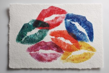 Poster - A colorful array of lipstick prints, showcasing a vibrant spectrum of shades, creating an artistic and playful impression on textured white paper.