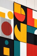 Poster - 幾何学的抽象アートワーク、赤黄黒の円と正方形パターン、モダンなデザインとカラフルな背景、視覚的なテクスチャ、装飾的な要素