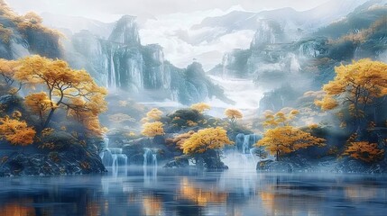 Poster - 黄金の木々と山の風景 霧がかった背景と湖面に反射する自然 秋の山の美しさを捉えたデジタルアート