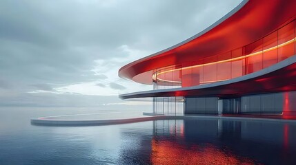 Aufkleber - 赤いアクセントが効いた現代的な建築デザインが海に面してリフレクションを作り出す都市景観