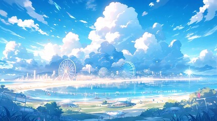 Aufkleber - 青い空と雲が反射する海岸線の風景と水面 日本の平和な夏の観光地でのレジャーの眺め