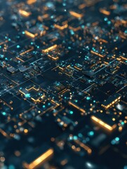 Fototapete - Futuristic Digital Circuitry with Vibrant Blue and Orange Lights, Abstract Technology Background for Innovation and Data Themes