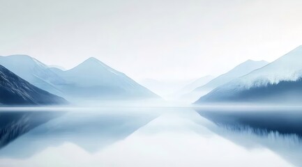 Aufkleber - 湖面に映る山々と霧の幻想的な風景 静けさと瞑想を誘う水面のリフレクション