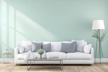 Aufkleber - ミントグリーン背景に白いソファとベージュのラグが敷かれた明るいリビングルームのインテリアデザイン