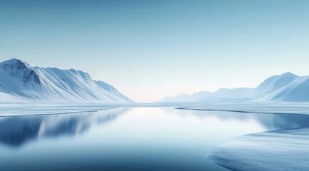 Poster - 氷の質感を持つ雪に覆われた山々と反射湖のパノラマ風景 冬の背景と穏やかな雰囲気