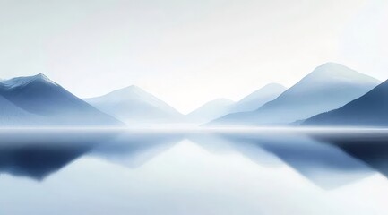 Aufkleber - 霧がかった山々と湖の反射を描いた青と白の風景 穏やかな雰囲気 水面のリフレクションとぼかし効果が印象的