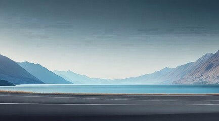 Poster - 道路に隣接した水辺の山々の穏やかな遠景 シアンブルーの空に囲まれ静かで平和な雰囲気