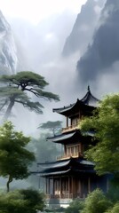 Poster - 緑豊かな木々に囲まれたアジアの寺院 霧がかった山々を背景にした伝統的な建築様式 リフレクティブプールが静けさを醸し出す