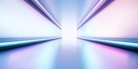 Fototapete - ミニマルなライト付きトンネル抽象背景 未来的な幾何学的デザイン 青 紫 ピンクのネオン照明が無限の空間を作り出す 背景素材やデザイン要素に最適