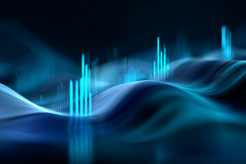 Fototapete - Abstract blue waves with glowing cyan bars, creating a dynamic data visualization, symbolizing technology, innovation, and progress