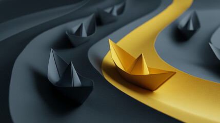 Poster - Yellow paper boat leads black boats on wavy gray and yellow surface, symbolizing leadership, innovation, or unique path
