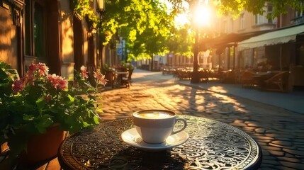 Poster - 石畳の通りに面したカフェのテーブルに置かれた白いカップに入った熱いコーヒー 鮮やかな日光と花のあるヨーロッパの都市の雰囲気