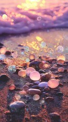 Poster - Serene Sunset Over Beach with Colorful Pebbles and Gentle Waves Creating a Tranquil Atmosphere in Soft Glowing Light and Subtle Bokeh Effects