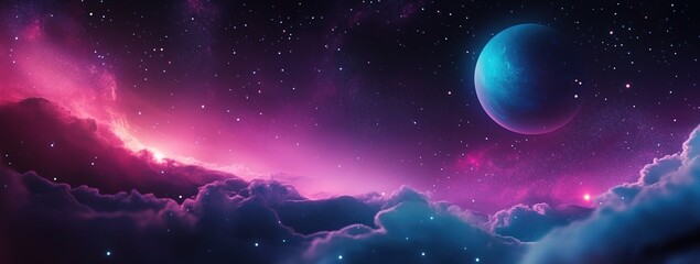 a celestial scene featuring a planet and vibrant nebula in outer space