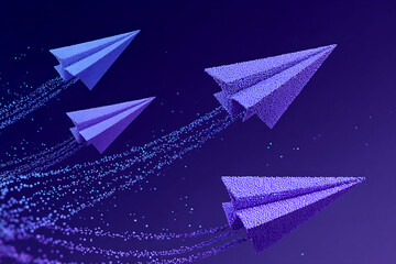 Poster - three purple paper airplanes flying, leaving trails of light purple dots on dark purple background, 