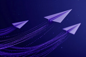 Poster - purple paper airplanes soar through a dark blue space, leaving sparkling trails, symbolizing progres