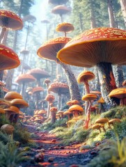 Poster - 赤い傘のようなキノコが生い茂る深い森の風景 日当たりの良い秋の日に地面を覆う森林の風景 写真イラスト