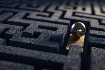Poster - metallic sphere in textured dark maze, representing challenge, problem-solving, or pathfinding conce