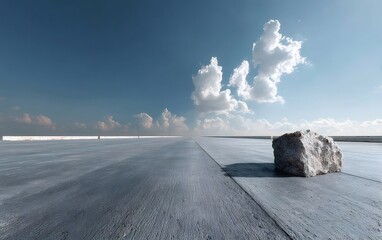 Poster - 広大なコンクリートの表面とモザイク状の岩が点在する青い空と雲の風景 ミニマルな環境でダイナミックな視点の構成されたイメージ