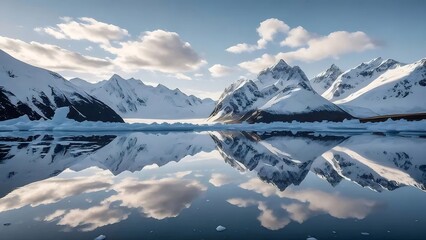 Aufkleber - 晴れた日の氷の多い湖に反射する雪に覆われた山頂と青空の美しい風景 冬の自然の素晴らしい景色と観光スポット