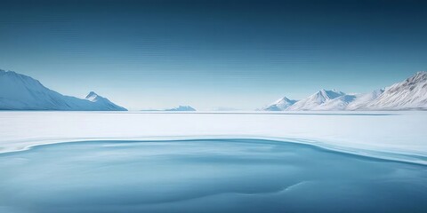Aufkleber - 雪に覆われた山々と氷の湖が広がる青空の下の冬の風景 雪山の眺望 静かな水面が反射する透明感のある氷の世界 冬季の山岳風景 極寒の地の自然美