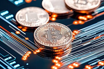 Aufkleber - Bitcoin Cryptocurrency Digital Currency Coins On Circuit Board