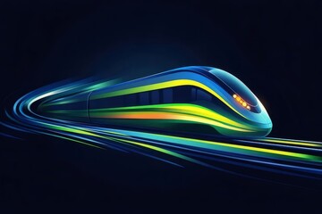 Aufkleber - 未来的な青と緑の高速列車が暗い背景に光跡を残して進む様子