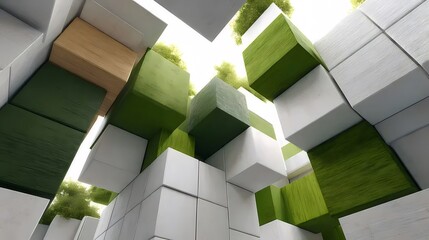 Aufkleber - 緑と白のブロック構造を持つ抽象的な都市景観 三次元の幾何学的デザインとモダンな建築背景 テクスチャパターンと創造的な視覚コンセプト