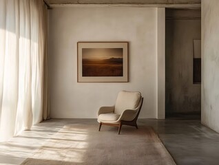 Poster - クリーム色の肘掛け椅子と砂色のカーペットがミニマルな部屋にあり、自然光が差し込む、落ち着いたベージュ色のアートワークが壁に飾られている、静けさを感じさせるインテリア