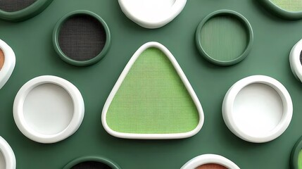 Poster - 緑色の背景に配置された丸い三角形の幾何学的パターン 白い輪郭と緑色のテクスチャの要素 抽象的なデザインの背景