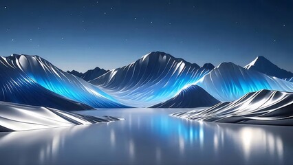 Poster - 抽象的な青と白の山と水面の冬の風景 夜空の星が輝く美しい景色