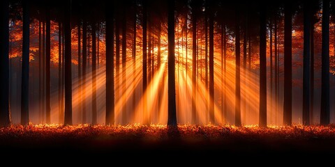 Poster - Sunbeams Illuminate Autumnal Forest Scene