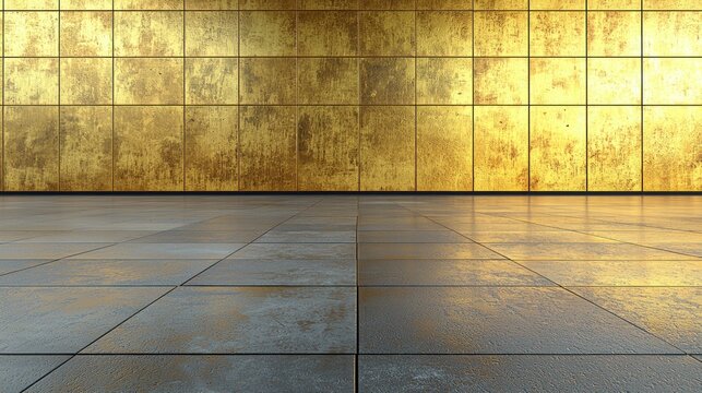 Golden tiled wall above gray tiled floor, modern scene