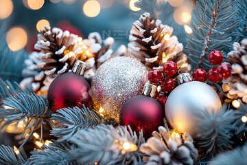 Aufkleber - Festive Christmas Ornaments Decorated Pine Tree Branches