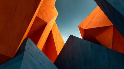 Poster - オレンジと青色の抽象的な幾何学的建築構造 明るいコンクリートの壁と青い空を持つ都会のミニマルなデザイン