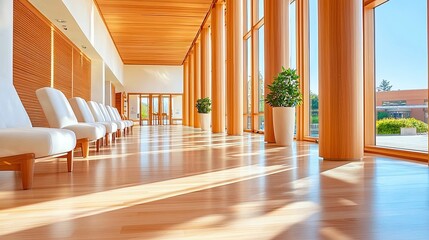 Aufkleber - Sunlit Modern Hallway With White Chairs And Wooden Columns
